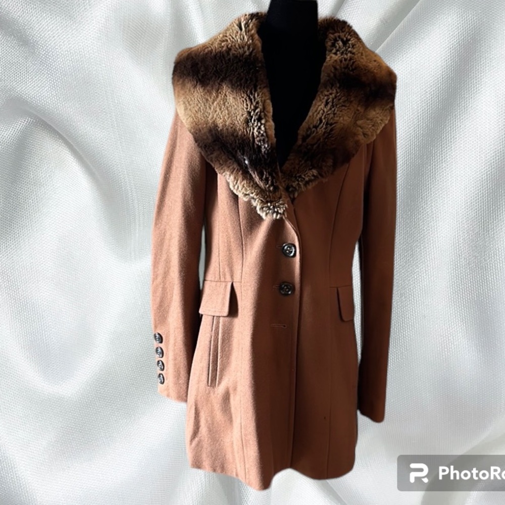 M COLLECTION vintage brown fitted coat with faux fur collar size medium - Picture 3 of 16